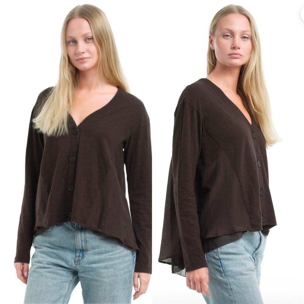WILT Silk Panel Cardigan Jacket Chocolate Brown Sz Large lagenlook bohemian